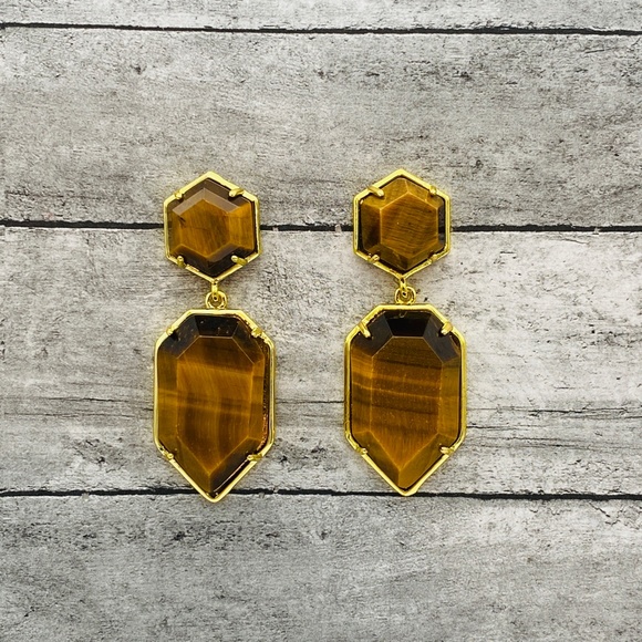 Natural Stone Tiger's Eye Stone Earrings, Gold Toned Statement Jewelry - Picture 2 of 3